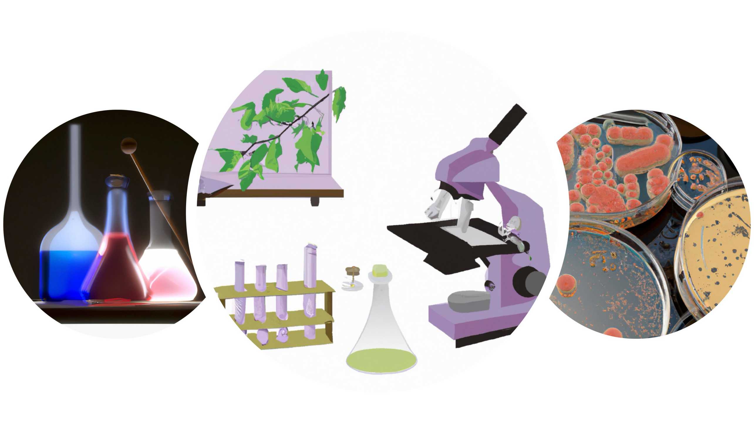 Central image of a laboratory set-up with a microscope and test tubes, with adjacent images of culture plates and chemistry flasks.